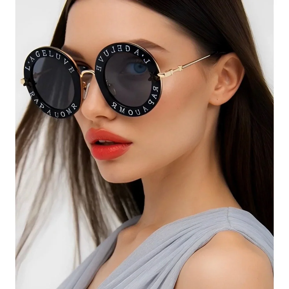 Luxury Round Oversized Sunglasses‎ Black Gold Designer Style Women Shades Trendy